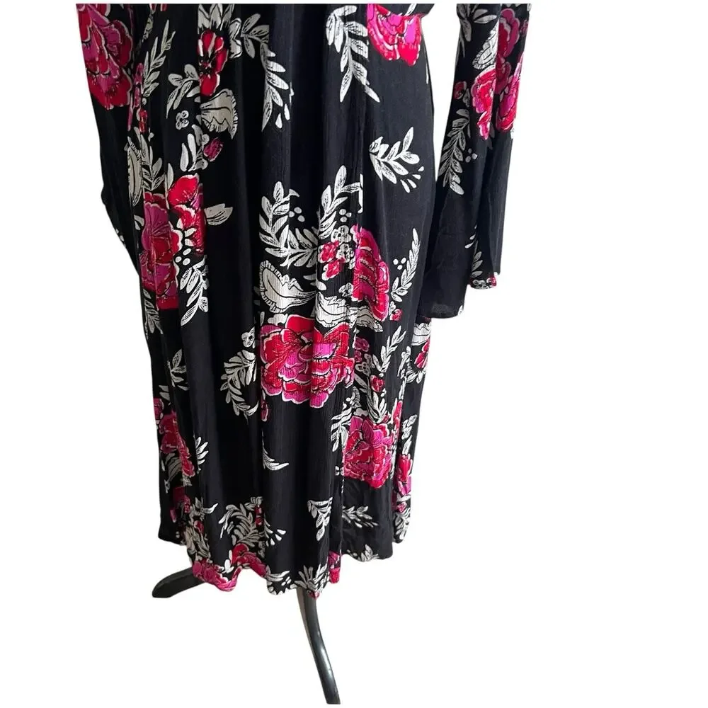 Billabong Women's Floral Whispers Wrap Dress Size Med Black Multi Bell Sleeves